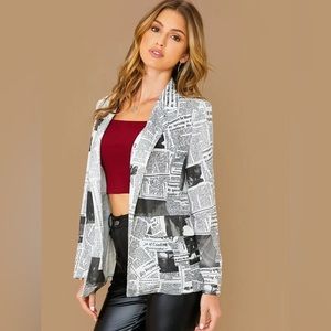 Shein Lapel Collar Newspaper Print Blazer - Women Size Large